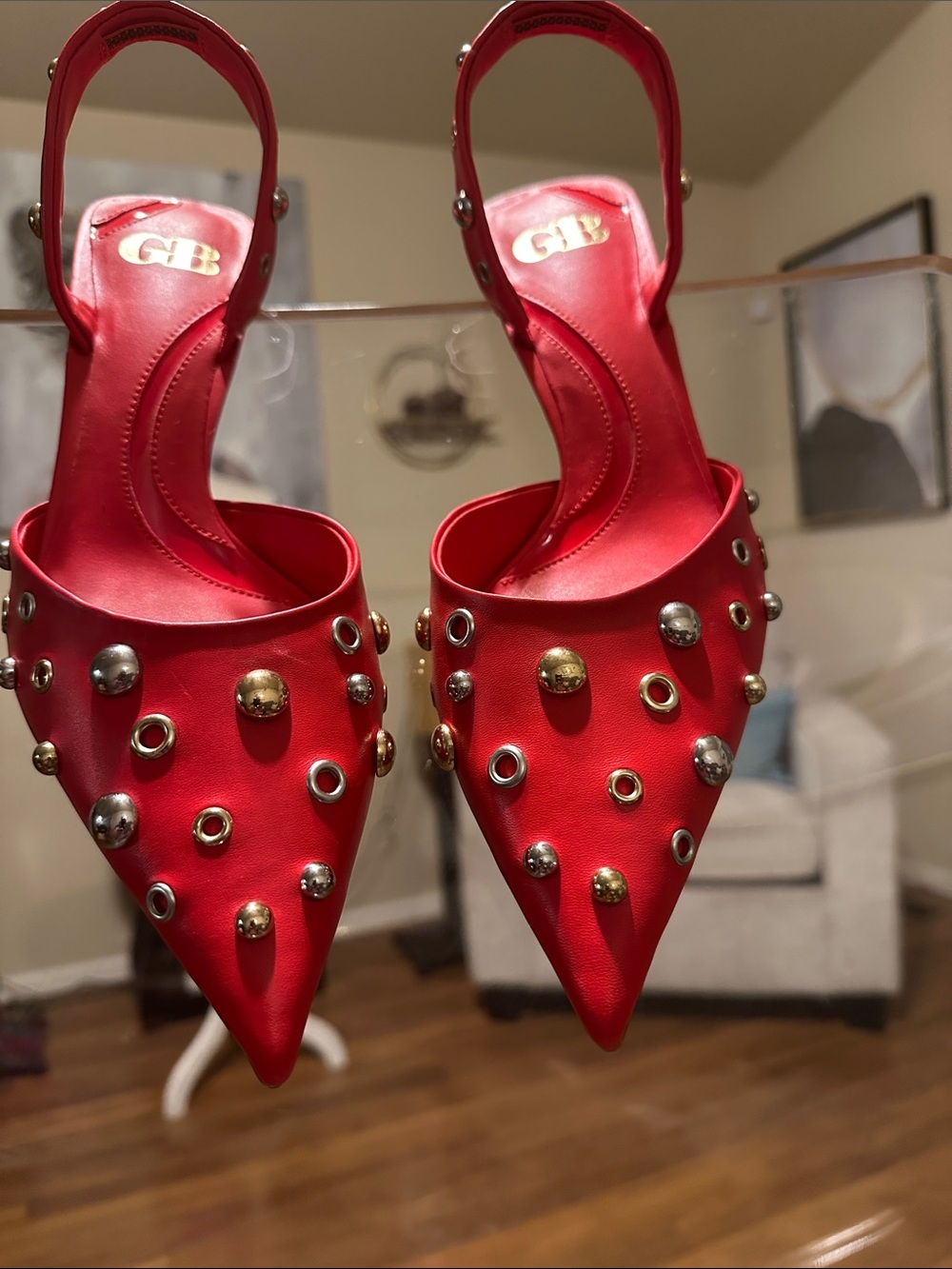 Gianni Bini Red Studded Pointed-Toe Slingback Mules